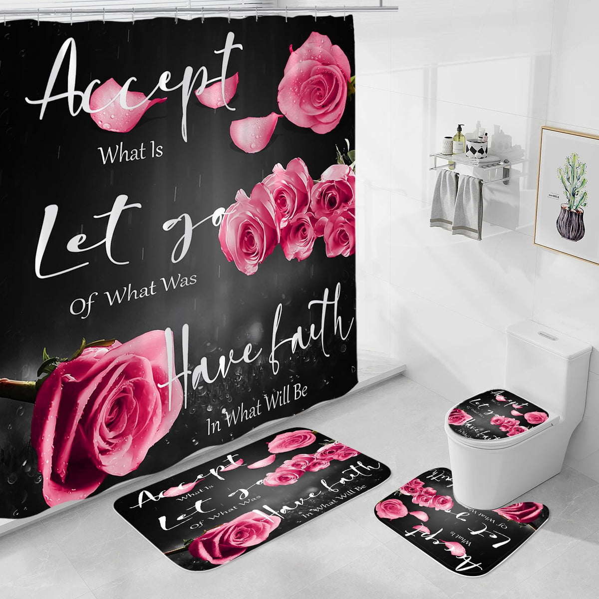 4 Pcs Pink Rose Shower Curtain Sets with Non-Slip Rug, Toilet Lid Cover and Bath Mat, Thankful Grateful Blessed Black Red Retro Elegant Shower Curtain Valentine's Day Bathroom Set(Hooks Not Included)