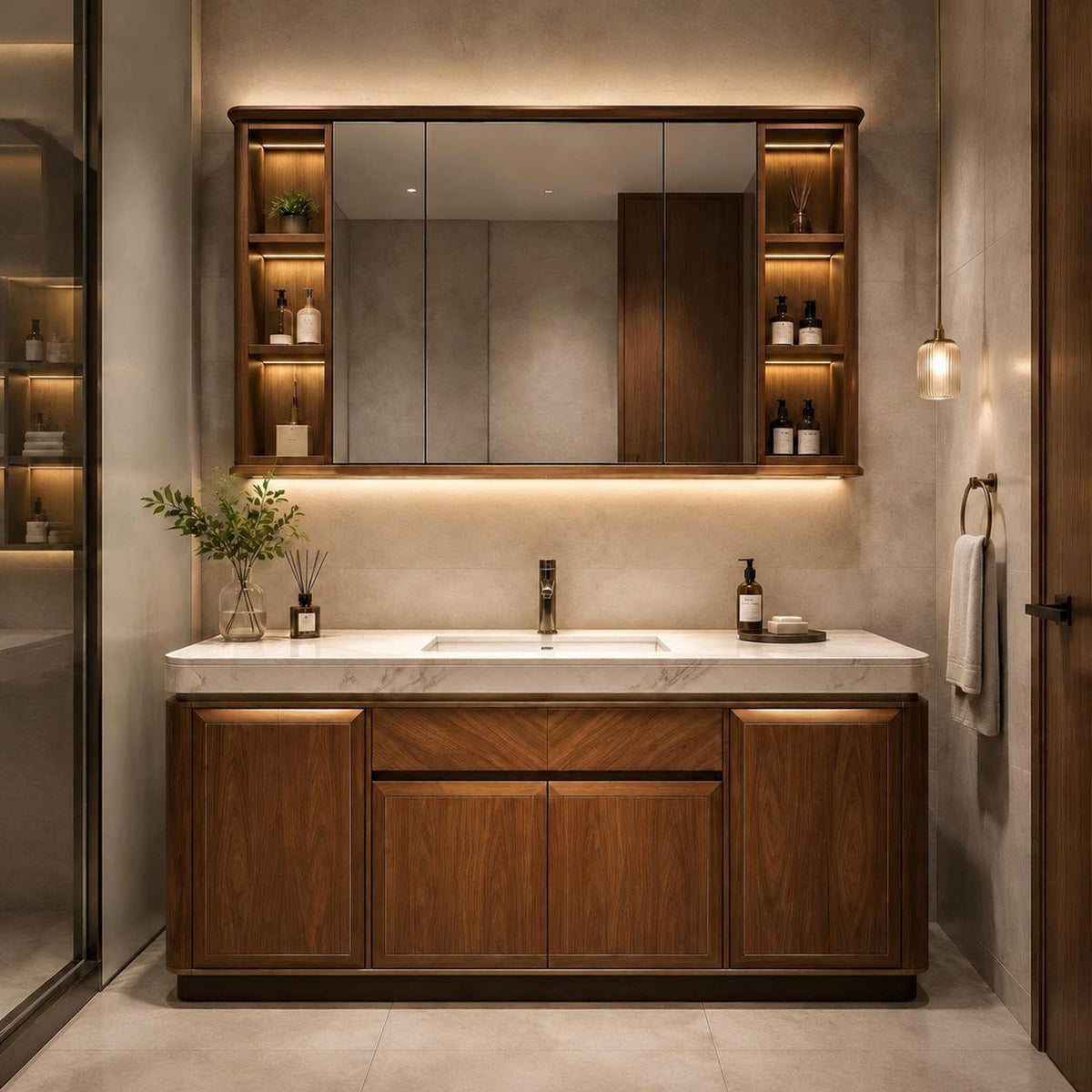 102 IN Freestanding Single Sink Bathroom Vanity Set with LED Mirror Cabinet