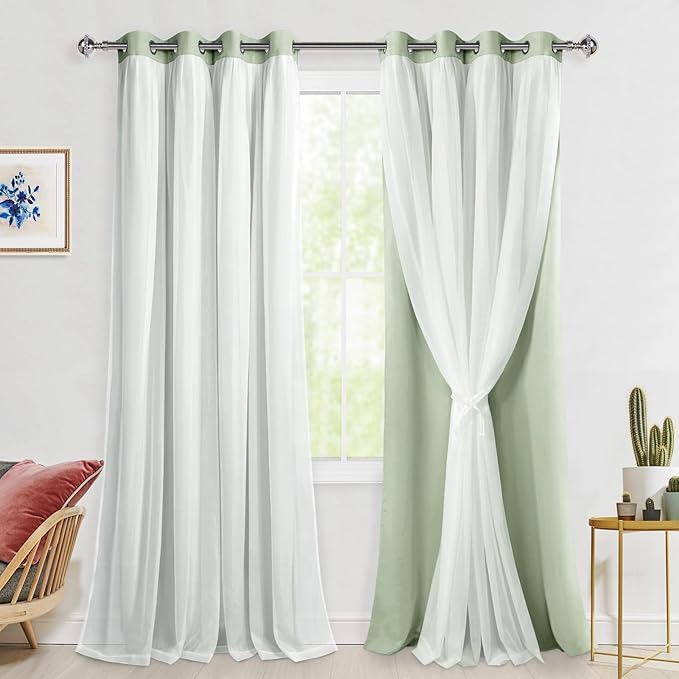 Hiasan Double Layer Blackout Curtains 108 inches Long Thermal Insulated Sheer Curtains for Bedroom Living Room, 2 Drape Panels with Tiebacks, Seafoam, 52W X 108L