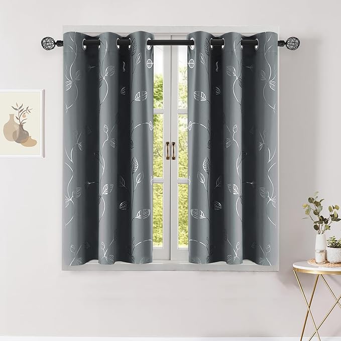 BUHUA Short Blackout Curtains for Kitchen, Half Window Treatment for Bedroom Energy Saving Privacy Shade for RV Camper Bathroom Basement, W38 x L30 inches, Grey, 2 Panel Set