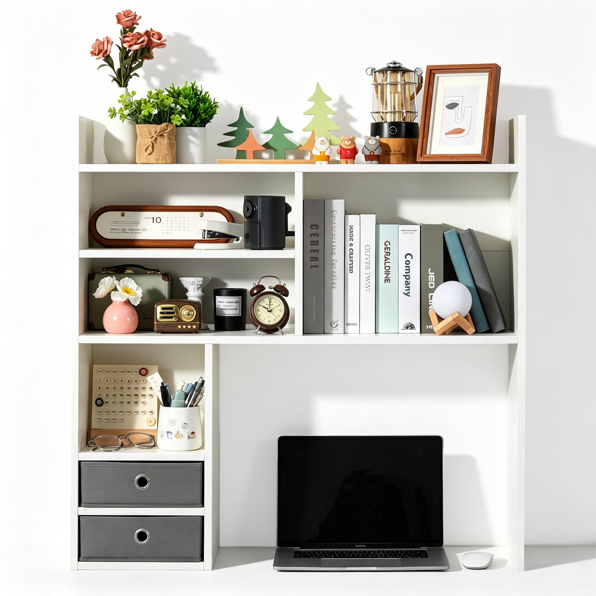 deli Desktop Bookshelf, High-Capacity Desk Hutch Organizer, White