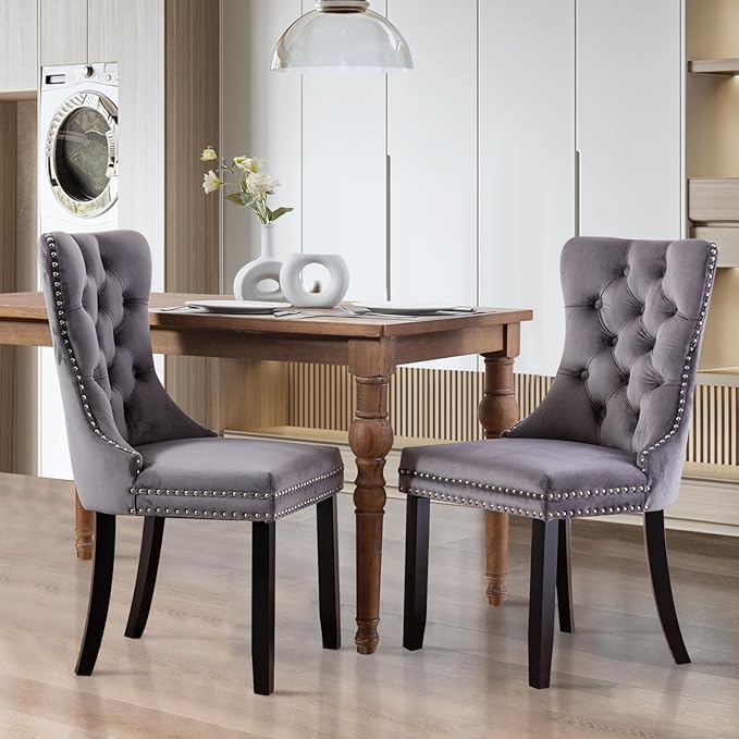 SoarFlash Velvet Dining Chairs Set of 2, Tall Back Side Chair, Modern Upholstered High-end Tufted Side Chair with Button Back Ring, Solid Wood Legs (Gray)