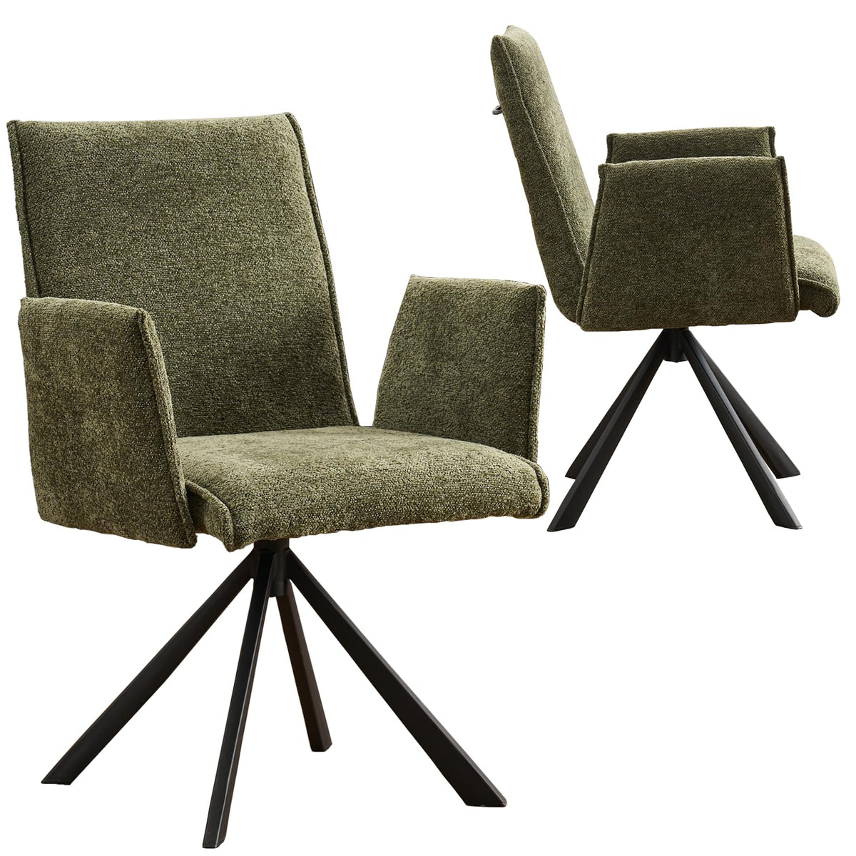 Rowill Boucle Desk Chair Set of 2 No Wheels, Mid Century Mordern Office Chair Swivel Adjustable Height with High Back and Arms for Home Office Bedroom Living Room, Green
