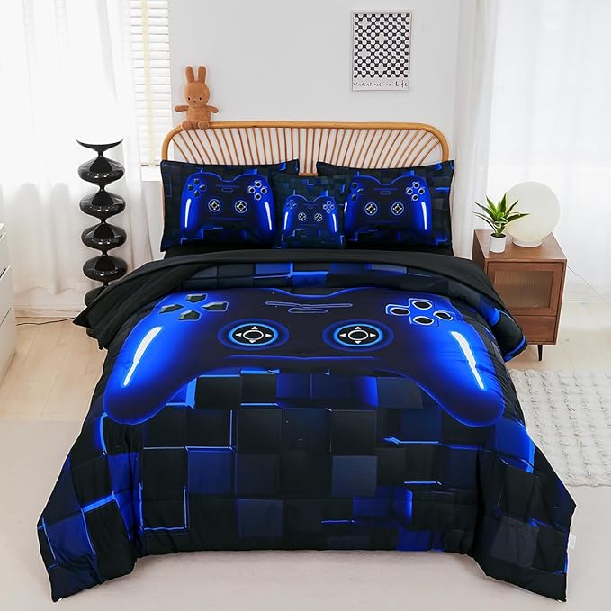 PERFEMET 6 Pieces Kids Game Comforter Set Full Size Blue Gamer Bedding Set for Boys Teen 3D Cool Black Video Gaming Bed in A Bag with Sheets(Blue, Full)