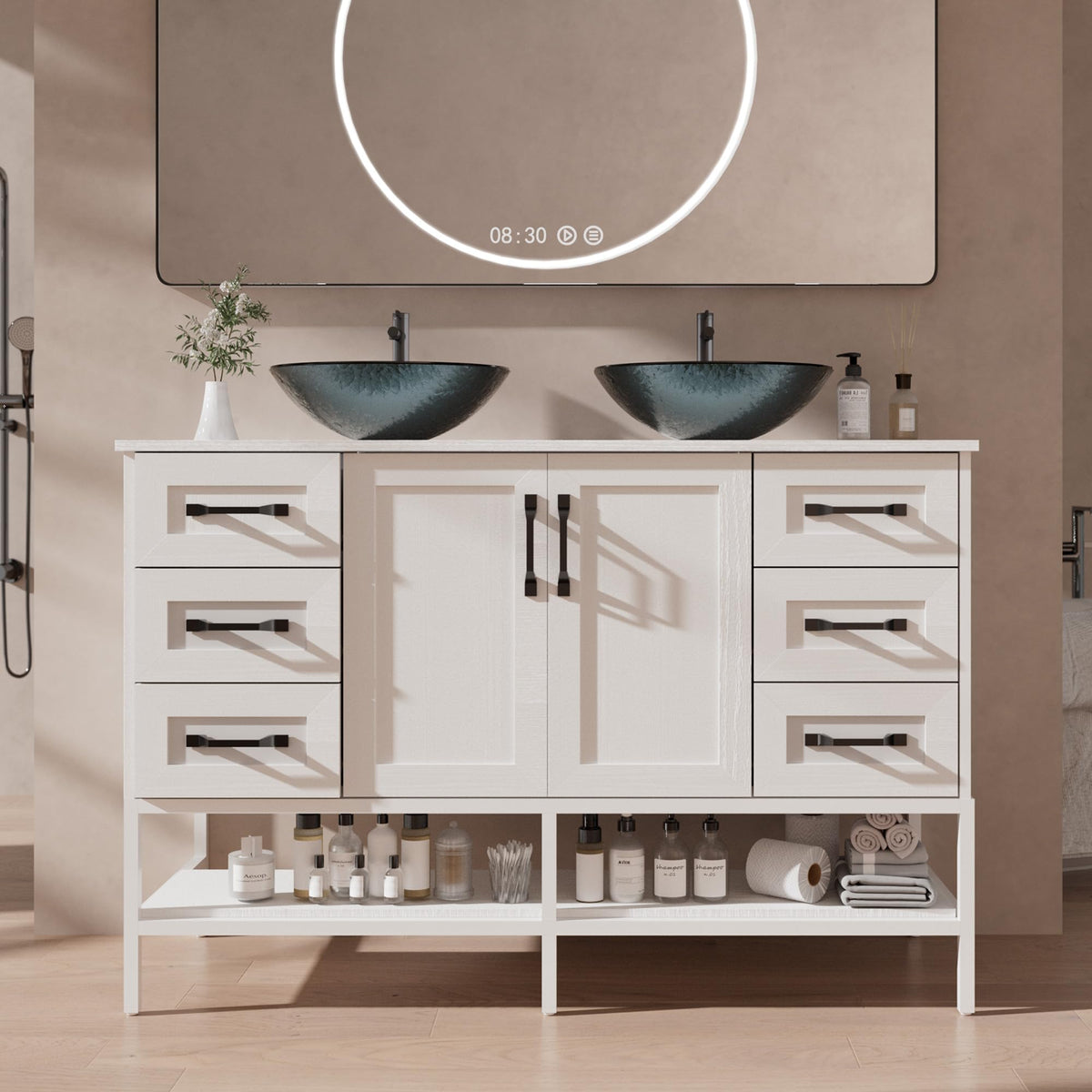 VNN 48 Inch Bathroom Vanity with Sink - Double Sink Bathroom Vanity, Freestanding Cabinet with Open Shelves and 6 Storage Drawers, Modern Iron Wood Cabinet with Countertop Tempered Glass Vessel, White