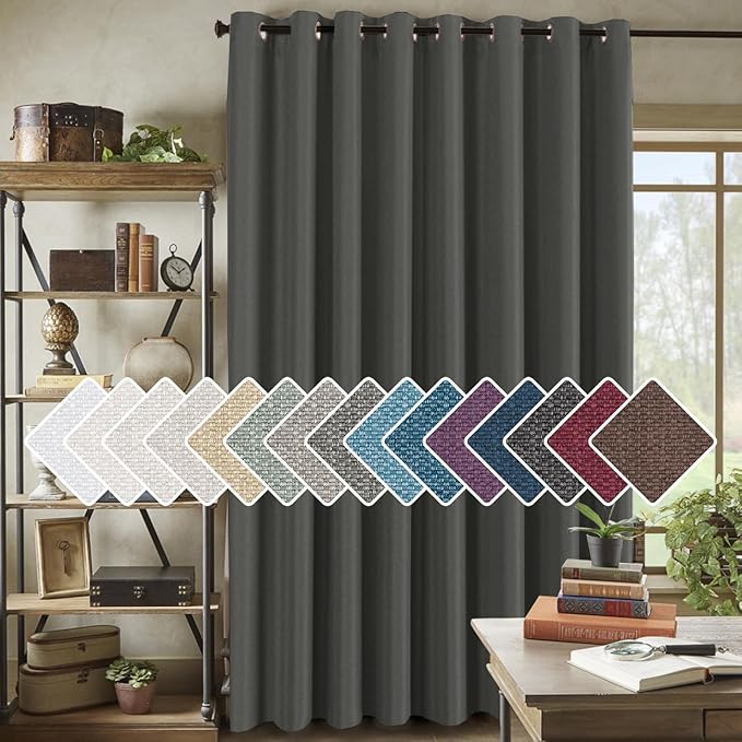 H.VERSAILTEX Room Darkening Linen Curtain for Sliding Door Extra Wide Primitive Burlap Textured Linen Room Divider Curtain for Living Room/Patio (9ft Tall by 8.5ft Wide, Heather Charcoal Gray)