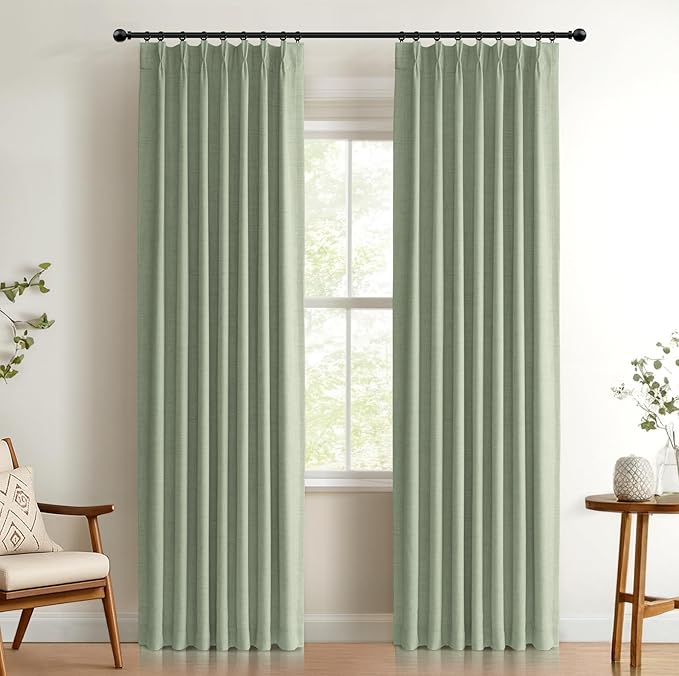 100% Blackout Shield Linen Look Textured Pinch Pleated Curtains Blackout Drapes 96 Inch Long 2 Panels Set, Faux Linen Blackout Curtains for Bedroom & Living Room, 40" W x 96" L, Sage Green