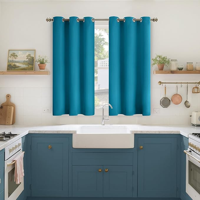 YoungsTex Short Blackout Kitchen Curtains 45 Inch Length - Thermal Insulated Drapes with Grommet Room Darkening Privacy for Bedroom Bathroom Window, 2 Panels, Teal Blue, 42 x 45 Inch