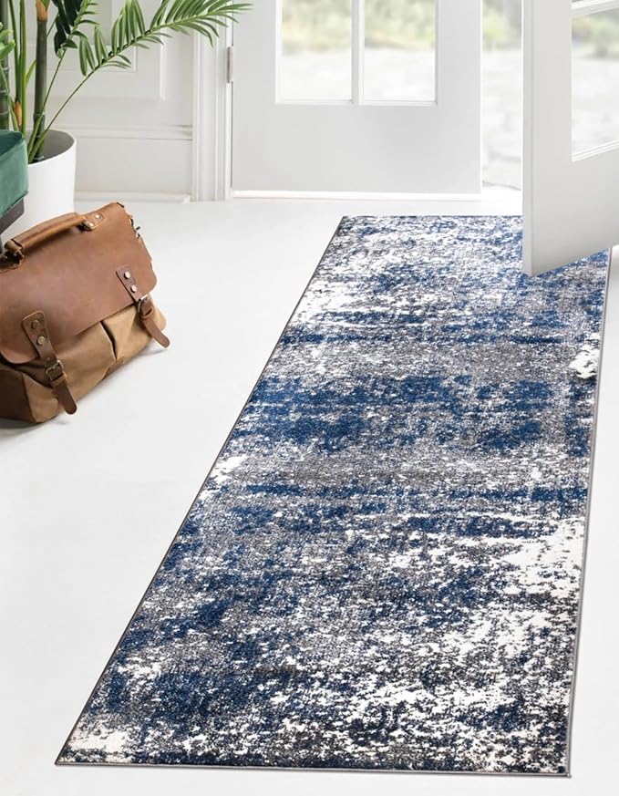 Keen Home Design Area Runner Rugs - 2x10 Non-Shedding, Abstract Runner for Kitchen, Living Room, Bedroom, Dining Room, Entryway - Size: 2'8" x 9'11", Navy/Grey/White
