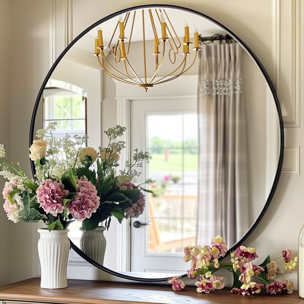 Winnker Round Mirror 30 inch, Circle Black Mirror, Matte Black Metal Frame