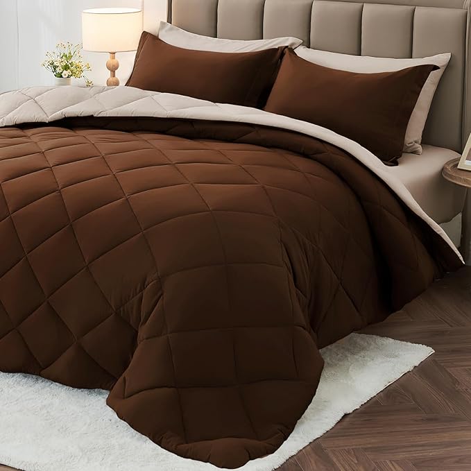 MUXHOMO 5 Pieces Twin XL Comforter Set, Reversible Bed in a Bag Twin XL Size, All Season Bedding Set with Comforter, Flat Sheet, Fitted Sheet, Pillowcases & Shams, Brown & Khaki