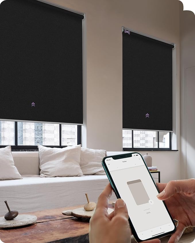 Graywind Smart Roller Shades 100% Blackout Window Blinds with APP Control Customized Automatic Shades for Home and Office(33" Wx72 H,Black)