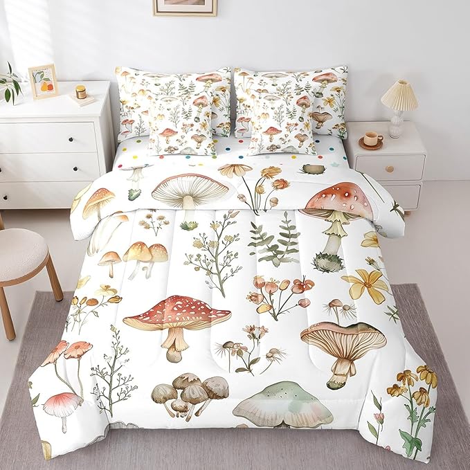 Feelyou Mushroom Comforter Set with Sheets Natural Wild Fungus Quilt Set for Kids Boys Girls Bedroom Bed Decor Botanical Plant 7 Piece Bedding Set Queen Size Galaxy Bed Set