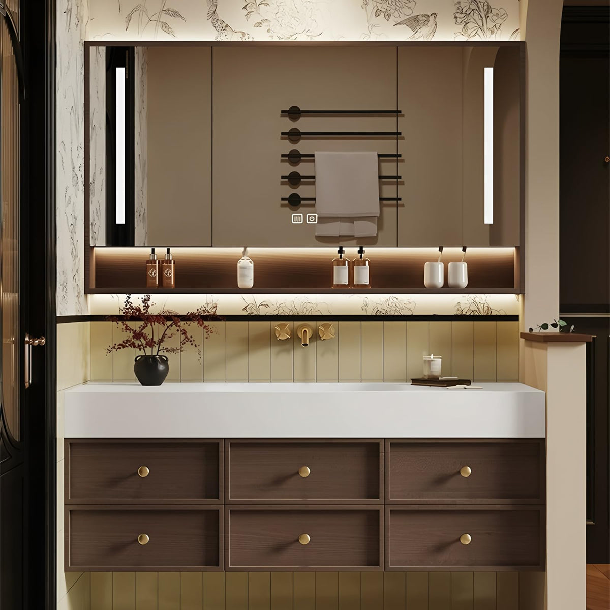LUTHXAY 32Inch Bathroom Vanity, Single Sink Vanity for Bathroom, Floating Vanities Set Includes Smart LED Defogging Mirror Cabinet with Open Shelf, Solid Wood Bathroom Cabinet with Drawers (Walnut)