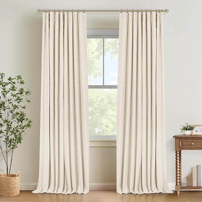 INOVADAY 100% Blackout Curtains for Bedroom, Black Out Curtains 63 Inch Long, Clip Rings Linen Blackout Drapes, Thermal Insulated Room Darkening for Living Room, 2 Panels - Cream,W50xL63