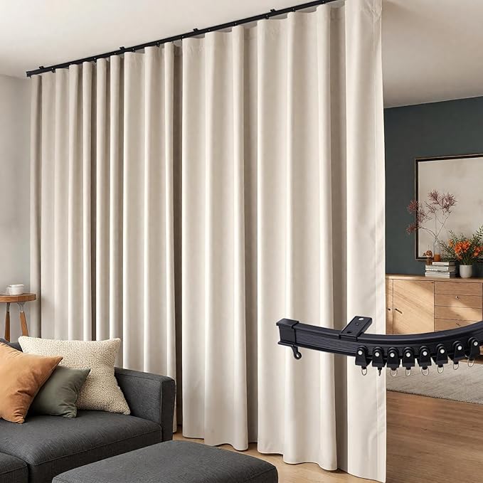 Room Divider Curtains Flexible Ceiling Tracks Set Curtain Track Ceiling Mount Blackout Curtain for Living Room Bedroom Ceiling Curtain Rod Privacy Dividers Panels W100 x H120 Beige Drape & Black Rail