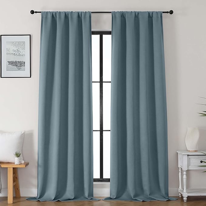 Gwine Stone Blue Blackout Curtains for Bedroom 96 Inch Length, Room Darkening Energy Saving Black Out Curtains for Living Room, Window Treatment Drapes with Rod Pocket, Each 40" Wx96 L, 2PCS
