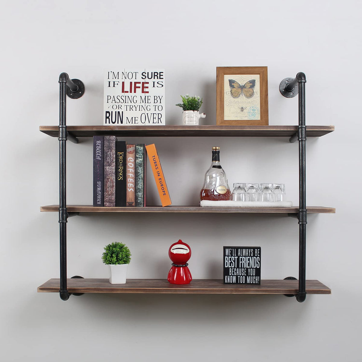 MBQQ Industrial Pipe Shelving Wall Mounted,48in Rustic Metal Floating Shelves,Steampunk Real Wood Book Shelves,Wall Shelf Unit Bookshelf Hanging Wall Shelves,Farmhouse Kitchen Bar Shelving(3 Tier)