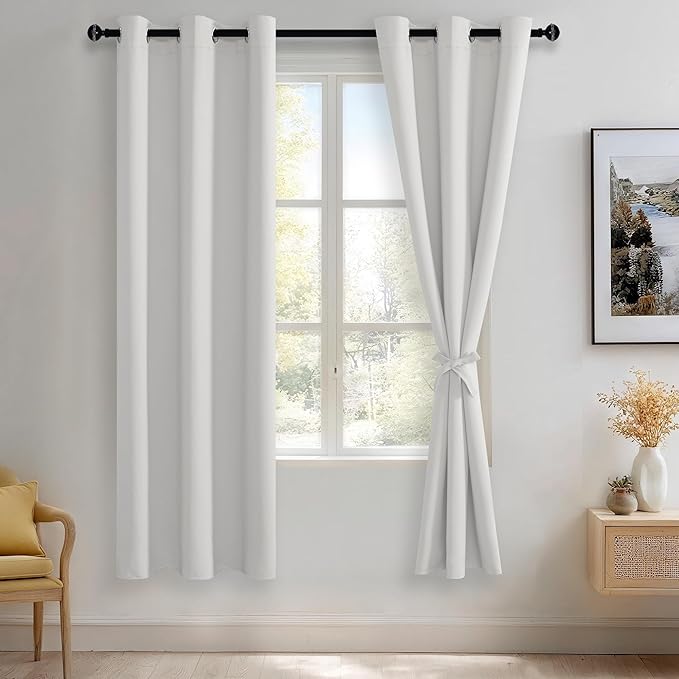 JIUZHEN Greyish White Blackout Curtains with Tiebacks Thermal Insulated, Light Blocking and Noise Reducing Grommet Curtains for and Living Room, Set of 2 Window Curtain Panels, 42 x 72 Inch Length