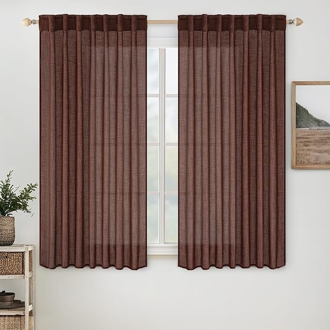 MIULEE Chocolate Brown Linen Curtains 63 Inch Length 2 Panels for Bedroom Living Room, Soft Thick Linen Textured Kitchen Window Drapes Semi Sheer Light Filtering Back Tab Rod Pocket Burlap Look Decor