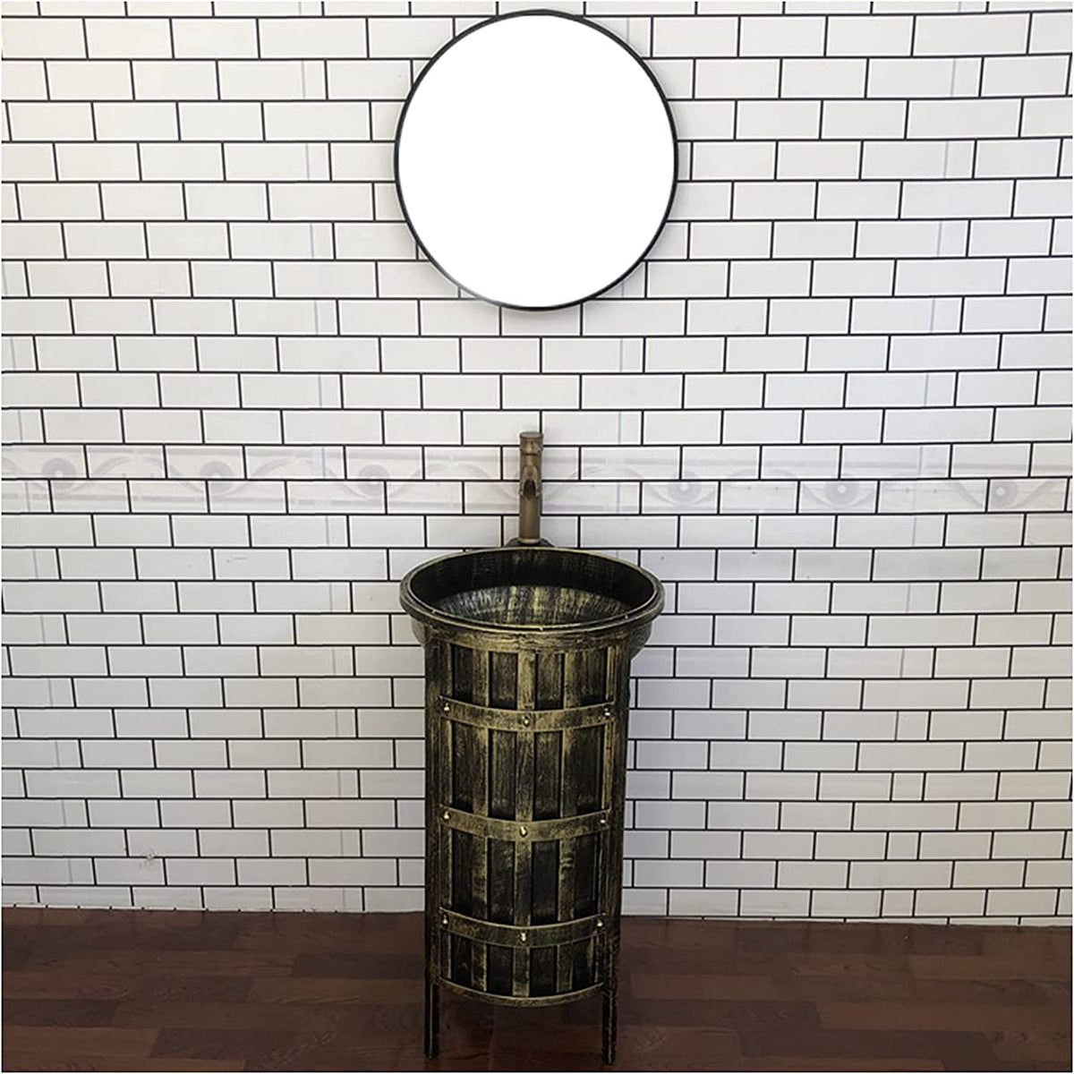Freestanding Pedestal Sink Hotel Bathroom Basin, Modern Bathroom Single Vanity Unit, Free Standing Industrial Style Vanity Unit with Basin Storage Furniture with Faucet and Drain ( Color : Bronze , Si