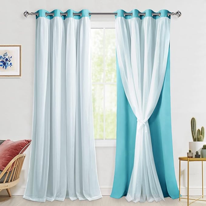 Hiasan Mix & Match Blackout Curtains with Sheer Overlay, Double Layer Sun Blocking Thermal Insulated Grommet Window Curtains for Bedroom, Living Room, 2 Panels with Tiebacks, Turquoise, 52W X 108L