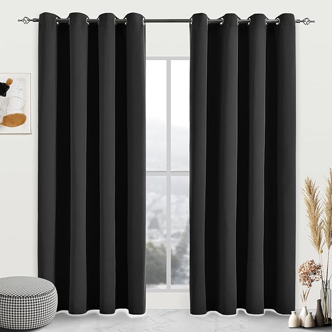 Blackout Curtains for Bedroom Thermal Insulated Light Blocking Room Darkening Curtains Solid Grommet Window Drapes for Living Room, Set of 2 Curtain Panels 52 W x 84 L inch Long Black