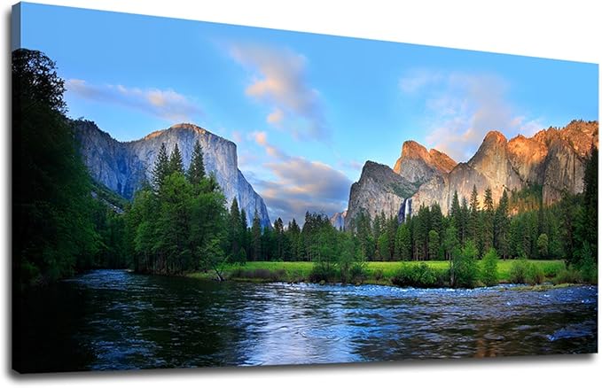 Canvas Wall Art Panorama of Yosemite Valley Painting Canvas Artwork Lake Mountain National Park Nature Pictures Framed Wall Art for Living Room Bedroom Office Wall Decor Home Decoration 20" x 40"