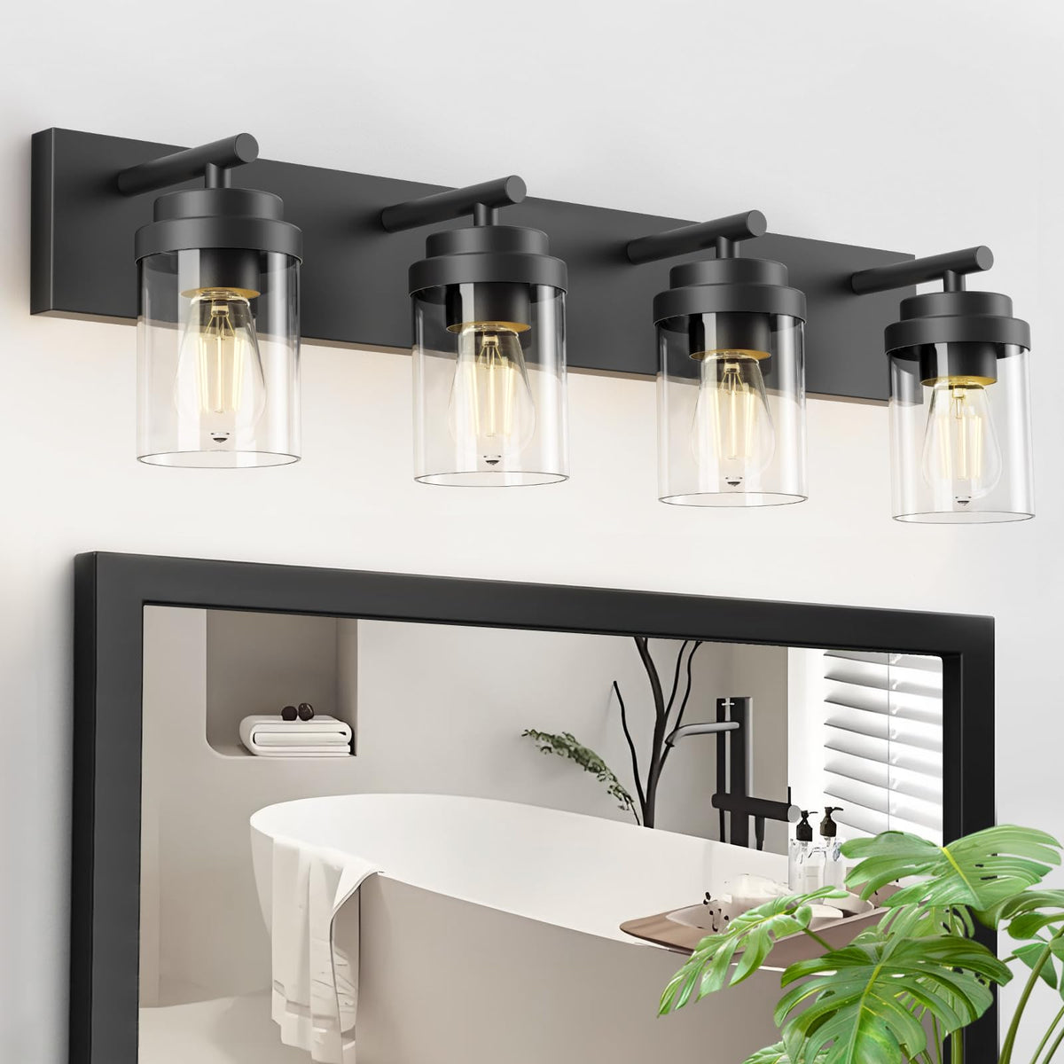 IZORRO Bathroom Vanity Light Fixture, 4-Light 30 Inch Matte Black Bathroom Light Fixtures Over Mirror, with Clear Glass Shade, Modern Farmhouse Vanity Lights, Rustic Restroom Lighting Fixtures