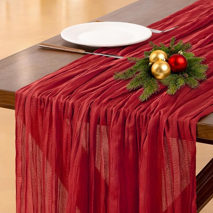 Socomi Red Christmas Cheesecloth Table Runner Boho Rustic Gauze 120 inch 10FT Cheese Cloth Runner for Wedding Party Baby Shower Birthday Home Decor Holiday Decorations