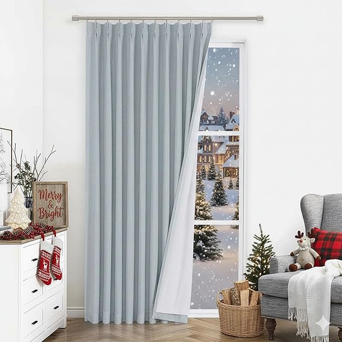 Vision Home Blue Fog Pinch Pleated Full Blackout Curtains Linen Blended Room Darkening Window Curtains 84 inch for Living Room Bedroom Thermal Insulated Pinch Pleat Drapes with Hooks 1 Panel 60"Wx84"L
