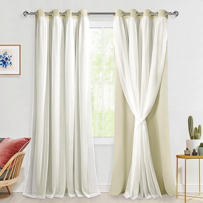 Hiasan Mix & Match Blackout Curtains with Sheer Overlay, Double Layer Extra Long Thermal Insulated Grommet Window Curtains for Bedroom, Living Room, 2 Drape Panels, Light Beige, 52W X 108L