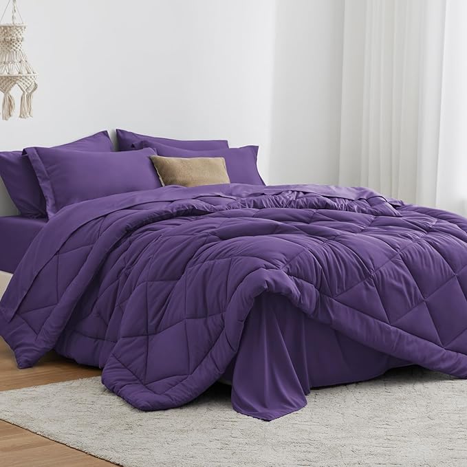 Love's cabin Queen Comforter Set Purple, 7 Pieces Queen Bed in a Bag, All Season Bedding Sets with 1 Comforter, 1 Flat Sheet, 1 Fitted Sheet, 2 Pillowcase and 2 Pillow Sham
