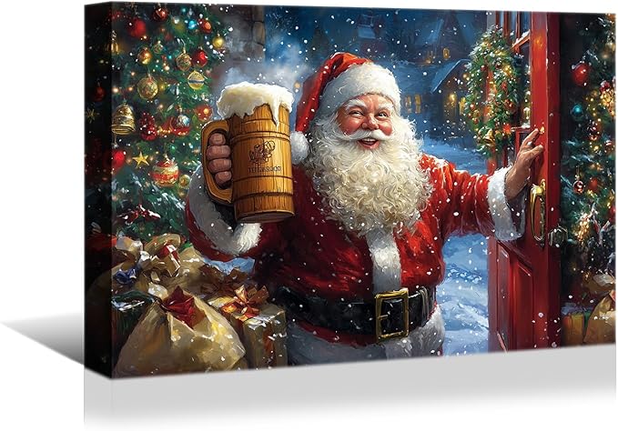 YONICA Christmas Wall Decor Santa Canvas Wall Art Home Decorations 32x24 Inches - Santa Pictures Santa Claus Drinks Beer to Celebrate Christmas Pine Tree Prints Winter Painting Xmas Artworks