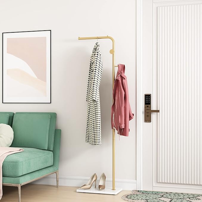 Gold Coat Rack with White Base, Freestanding Entryway Rack with 3 Hooks, L Shape Home Coat Hanger for Jackets, Hats, Clothes