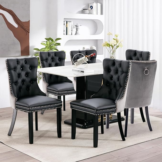 SoarFlash Leather Dining Chairs Set of 6, Tall Back Side Chair, Modern Upholstered Side Chair with Button Back Ring, Solid Wood Legs (Black&Grey)
