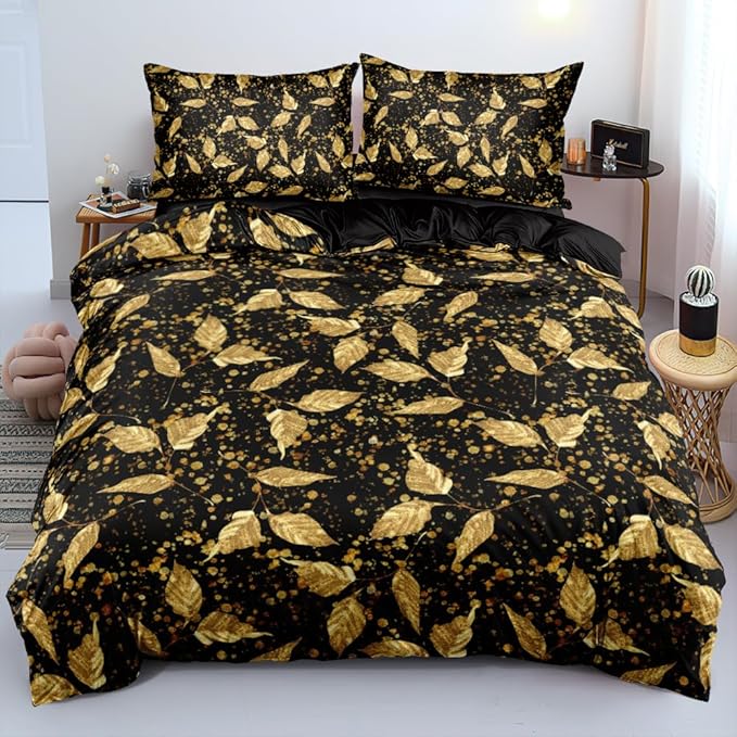 Twin Size Gold Leaves Duvet Cover Set Trendy Floral Bedding Sets Abstract Bed Set for Girls,Boys Bedroom Decor