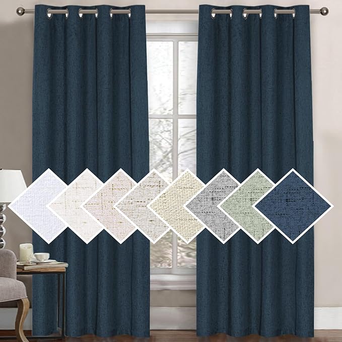 H.VERSAILTEX 100% Blackout Curtain for Bedroom 84 Inches Long Grommet Linen Face Full Light Blocking Curtain Drape for Living Room Thermal Insulated Linen Look Curtain 1 Panel, 52" W x 84" L, Navy