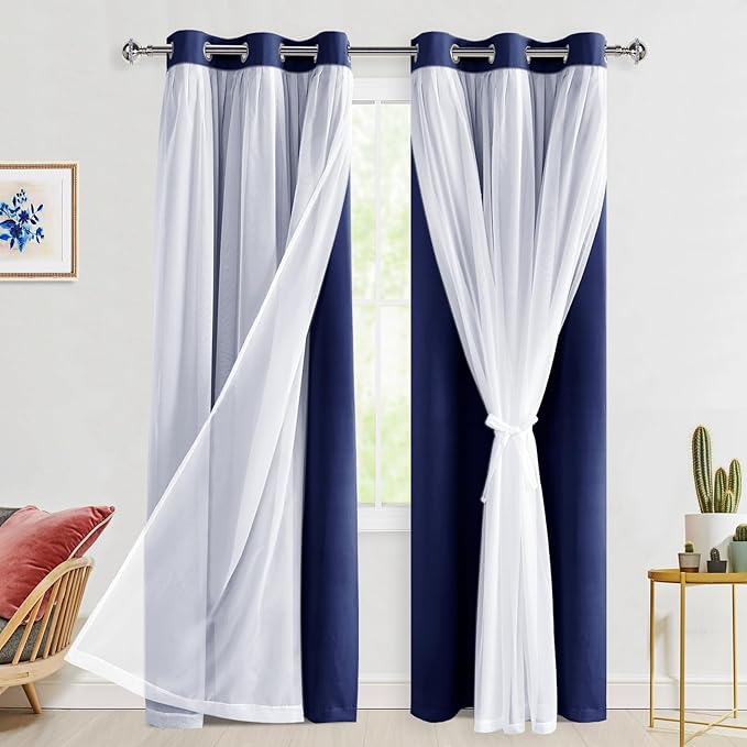 Hiasan Blackout Curtains with Sheer Overlay 84 Inches Long, Thermal Insulated Mix & Match Double Layer Window Curtains for Bedroom, Living Room, Nursery, 2 Panels with Tiebacks, Navy Blue, 42W X 84L