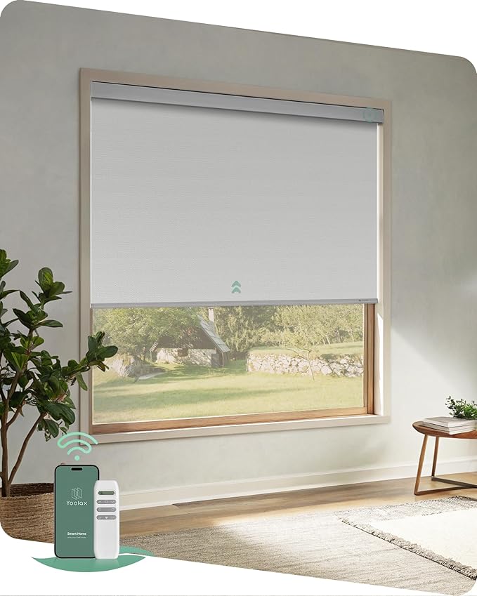 Yoolax Motorized Blinds with Remote, Blackout Remote Shades for Windows, Automatic Roller Shades Cordless Electric Blinds for Bedroom Living Room Office, Custom Size (Fabric White)
