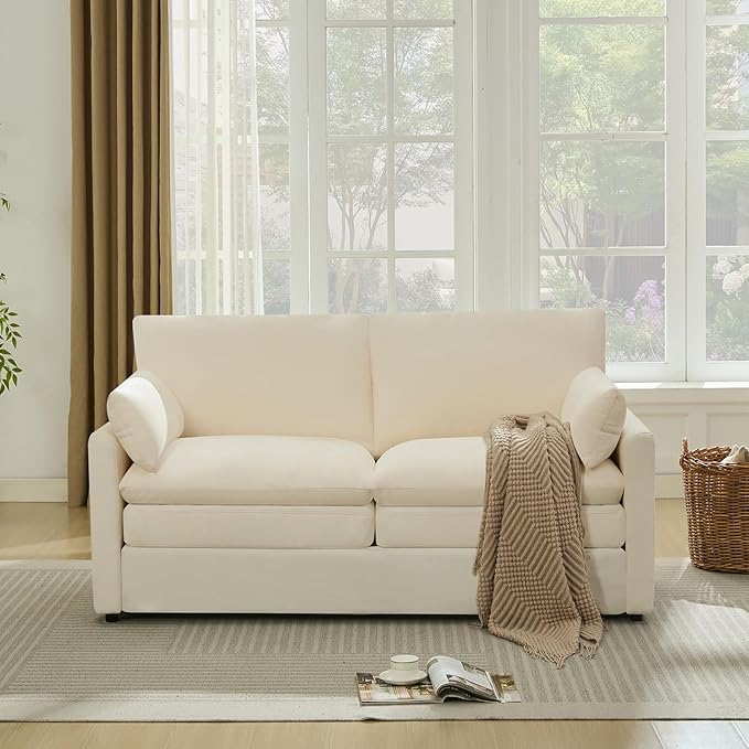 Tbfit Modern Loveseat Couch, 68" Cloud Sofa Spring Seat Cushion, Comfy 2-Seater Love Seat with Pillows, Chenille Removable Cover, Soft Upholstered Living Room Furniture Home Apartment, Beige