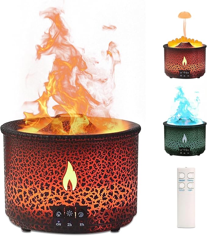 Volcano Humidifier Quiet Flame Diffuser: 300ml Spray Humidifier with 2 Modes Fire Mist Waterless Auto Shut Off Aromatherapy Diffuser with Remote Control for Bedroom Home, Office(Red & Blue)