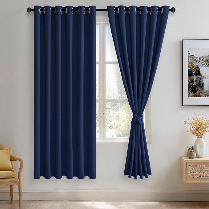JIUZHEN Navy Blue Blackout Curtains with Tiebacks Thermal Insulated, Light Blocking and Noise Reducing Grommet Curtains for Bedroom and Living Room, Set of 2 Window Curtain Panels, 70 x 72 Inch Length