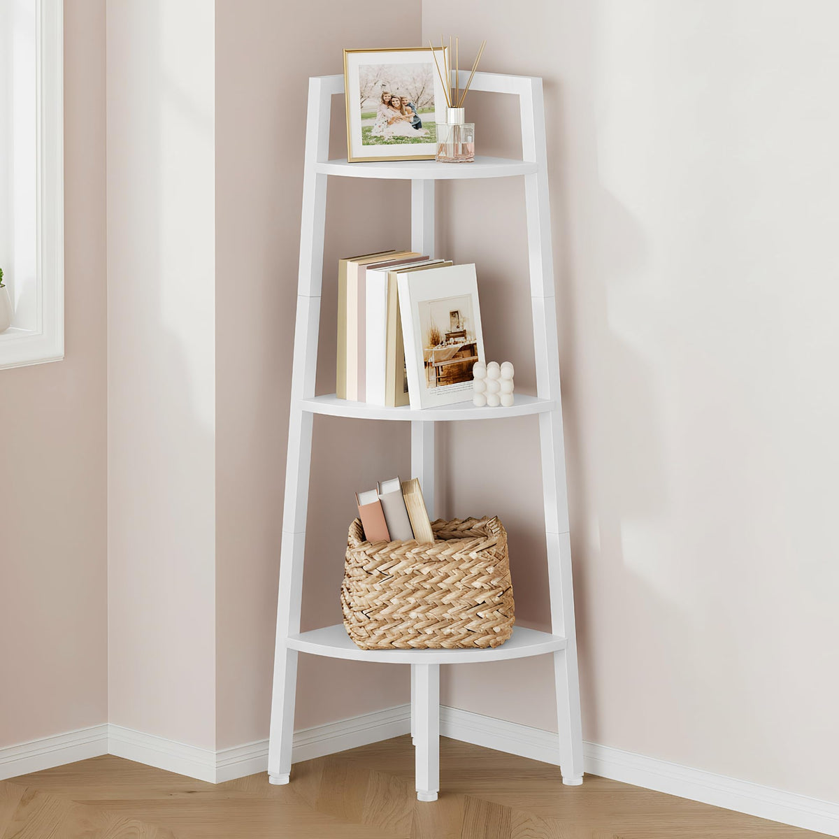 Hoctieon Corner Shelf, 3-Tier 40" Tall Corner Bookshelf, Rustic Ladder Shelf, Industrial Display Stand for Living Room, Kitchen, Home Office, Balcony, Small Space, Metal Frame, White