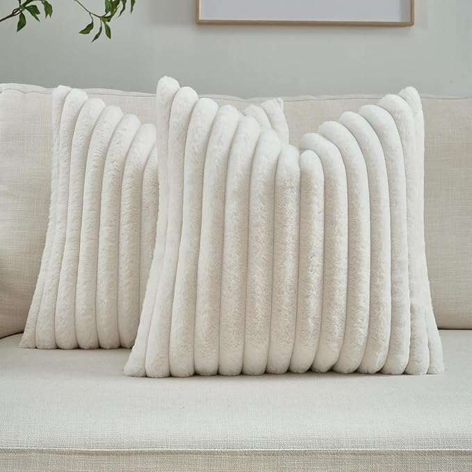 FUTEI Cream Throw Pillow Covers Set of 2, 16x16 Inch Striped Texture Cushion Cases with Soft Faux Rabbit Fur Front & Velvet Back, Modern Decorative Couch Pillows for Living Room