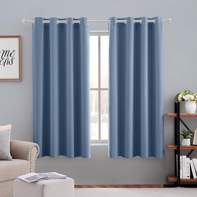HOMEIDEAS Stone Blue Blackout Curtains 52 X 63 inches Long 2 Panels Room Darkening Bedroom Window Curtains, Grommet Fall Curtains for Living Room