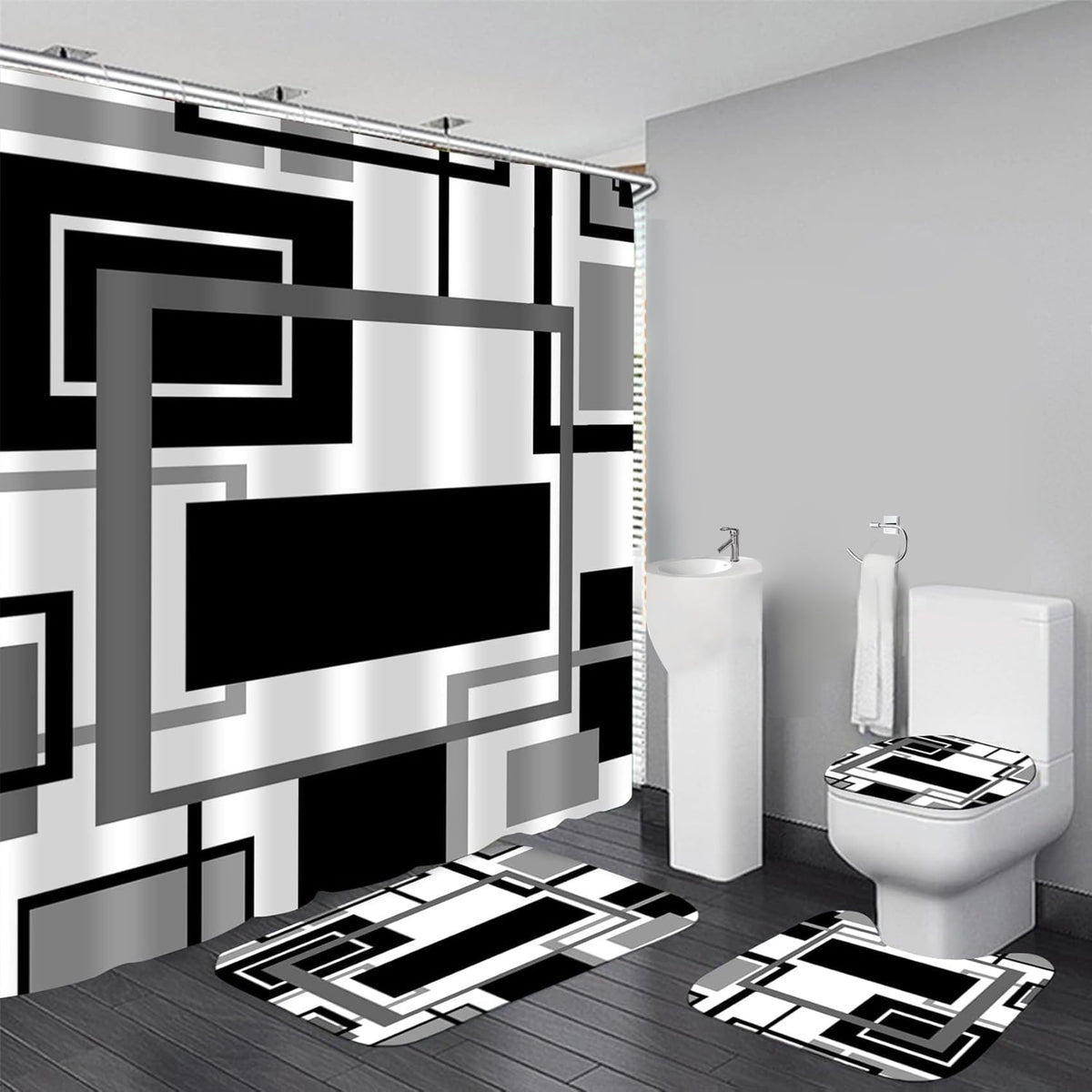 Yddsky 4 Pcs Black Geometric Shower Curtain Set with Rugs Bathroom Set