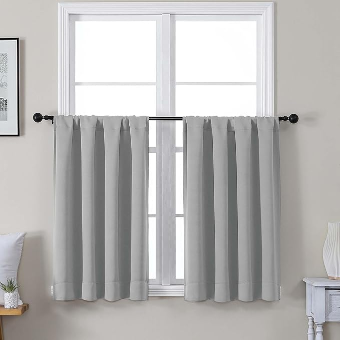 Gwine Short Blackout Curtains 36 Inches Long, Small Curtains Over Sink, Thermal Insulated Room Darkening Drapes for Bathroom Basement Patio Cabinet, 2 PCS, Each 40" Wx36 L, Silver Grey