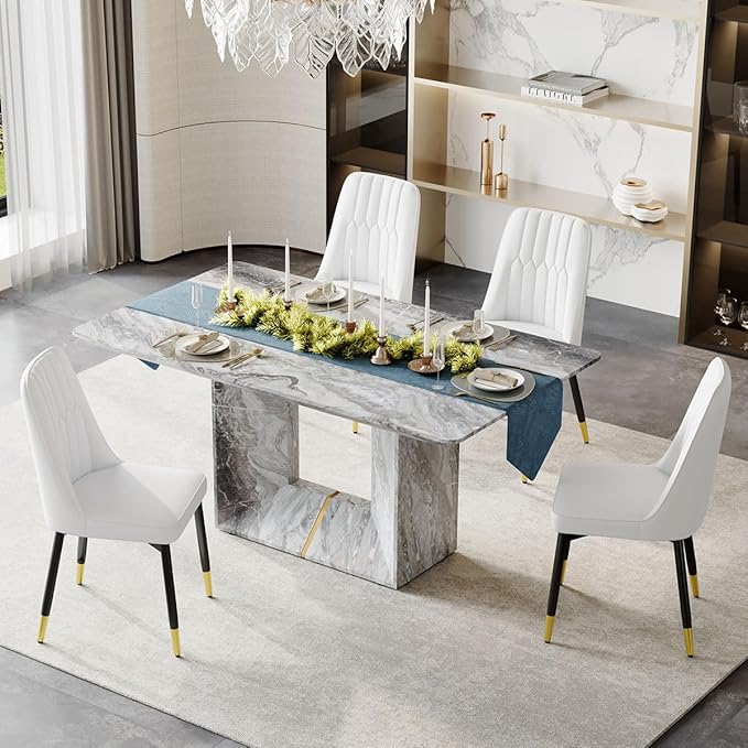 Dinner Table Set for 4, 5 Piece Dining Table Set with Chairs, 63" Faux Marble Modern Table with 4 PU Leather Upholstered Chairs, for Kitchen & Dining Room