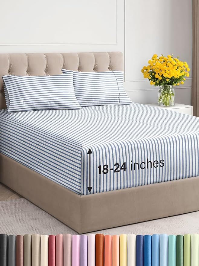 Extra Deep Twin XL Sheet Set - 4 Piece Breathable and Cooling Sheets - Hotel Luxury Bed Sheets Set - Easy Fit - Soft, Wrinkle Free and Comfy Sheets Set - Blue Striped Sheet Set with Extra Deep Pockets
